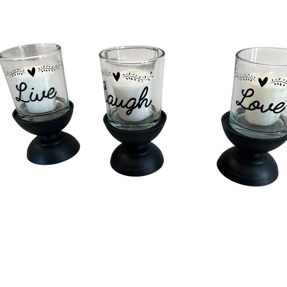 Other - Live, Laugh, Love Glass Candle Holders with Black Stands & Wrapped Candles NWOT
